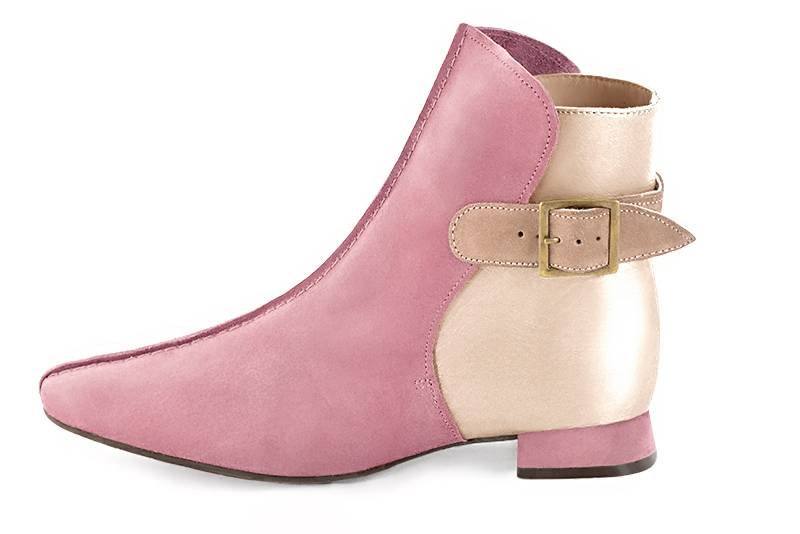 Carnation pink, gold and biscuit beige women's ankle boots with buckles at the back. Square toe. Flat flare heels. Profile view - Florence KOOIJMAN